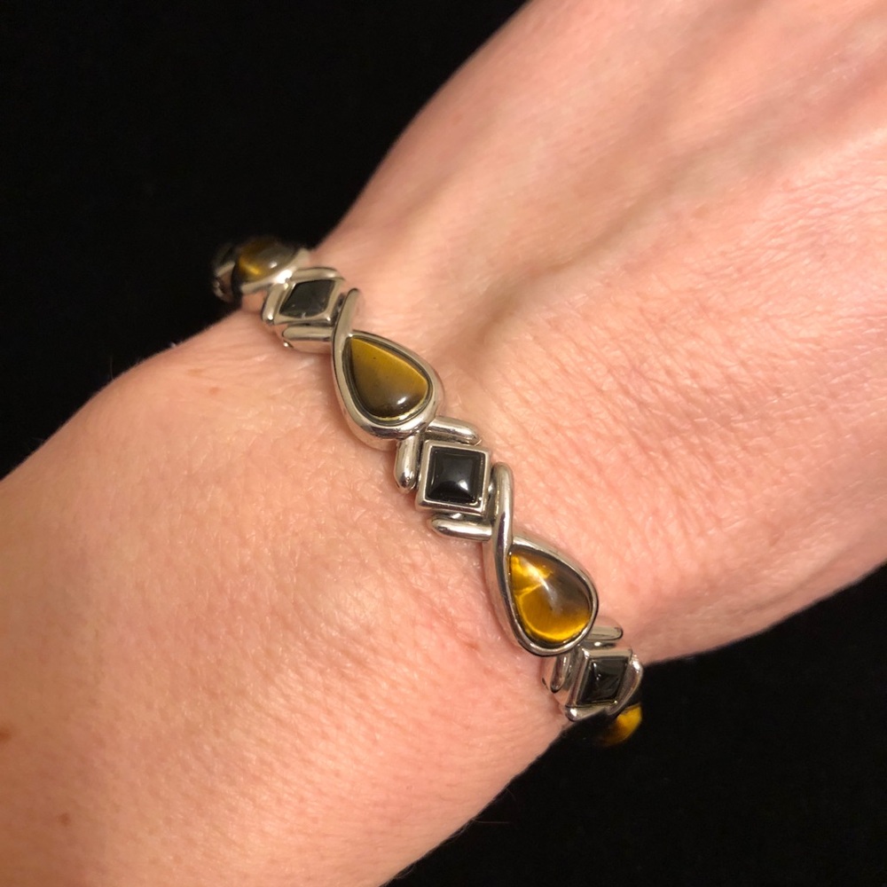 Faux Tigers Eye Stone in Silver Tone With Black Accents Bracelet